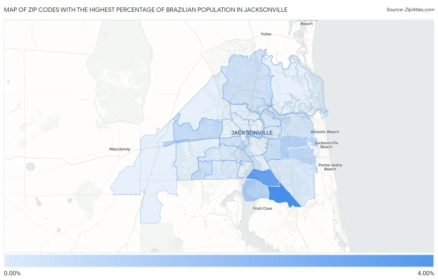 Zip Codes with the Highest Percentage of Brazilian Population in Jacksonville Map