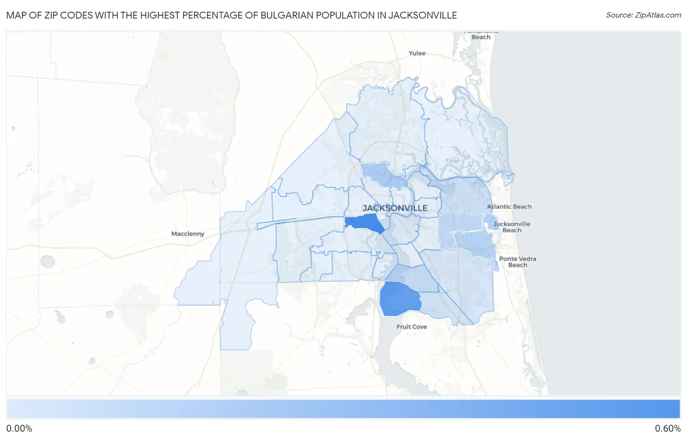 Zip Codes with the Highest Percentage of Bulgarian Population in Jacksonville Map