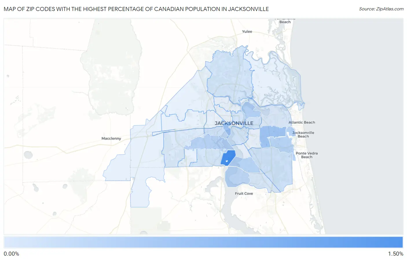 Zip Codes with the Highest Percentage of Canadian Population in Jacksonville Map