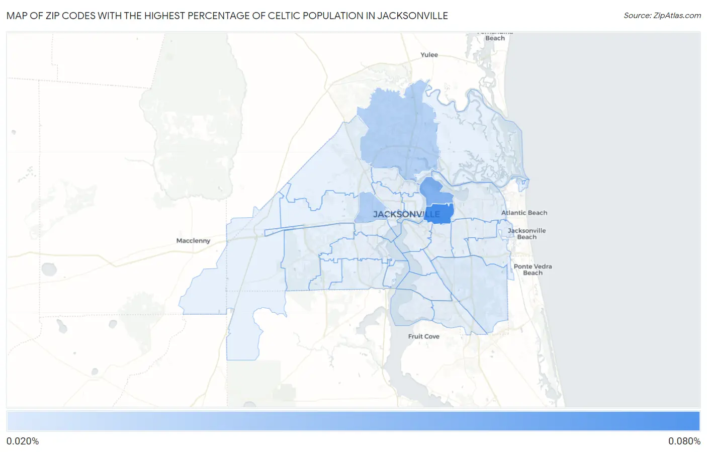 Zip Codes with the Highest Percentage of Celtic Population in Jacksonville Map