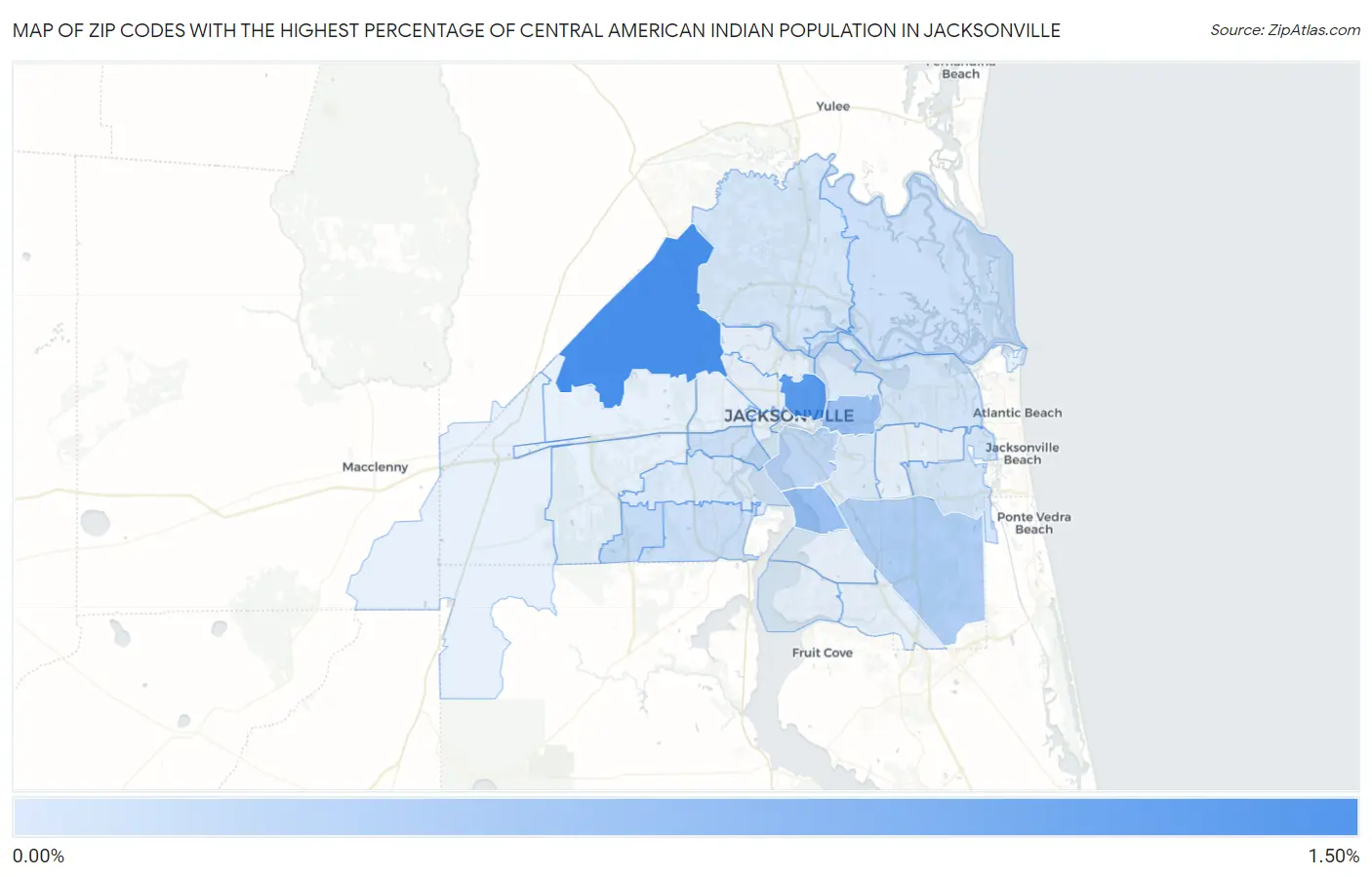 Zip Codes with the Highest Percentage of Central American Indian Population in Jacksonville Map