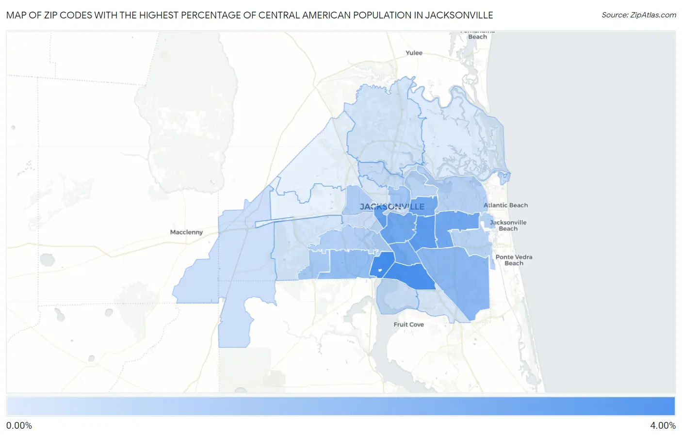 Zip Codes with the Highest Percentage of Central American Population in Jacksonville Map