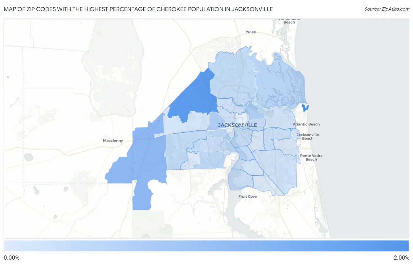 Zip Codes with the Highest Percentage of Cherokee Population in Jacksonville Map