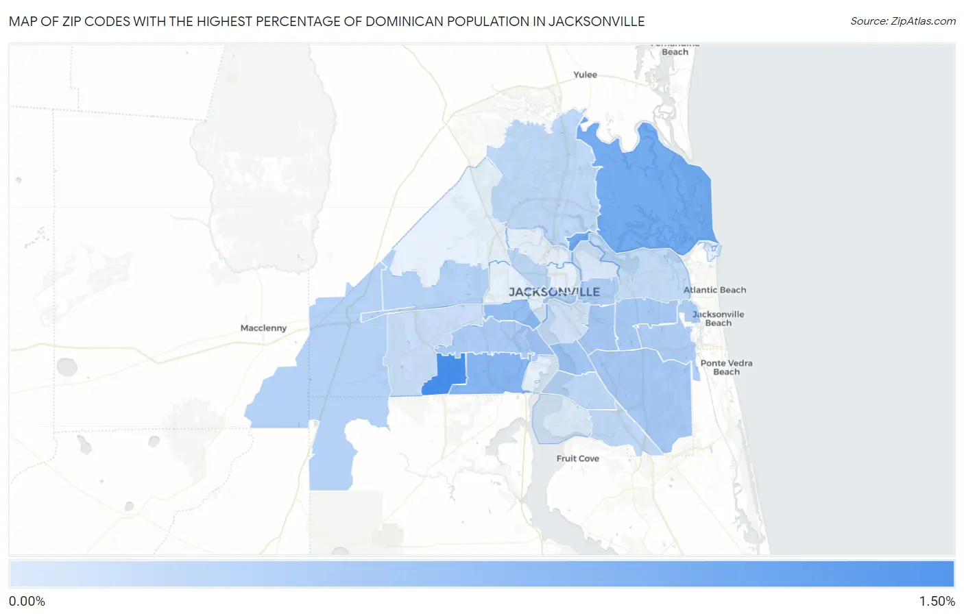Zip Codes with the Highest Percentage of Dominican Population in Jacksonville Map