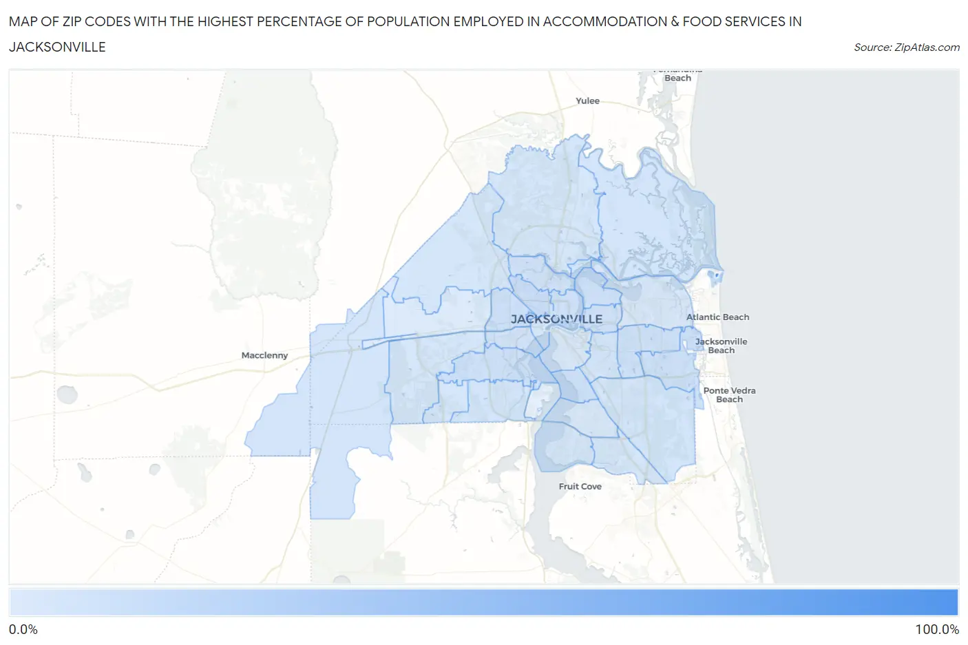 Zip Codes with the Highest Percentage of Population Employed in Accommodation & Food Services in Jacksonville Map