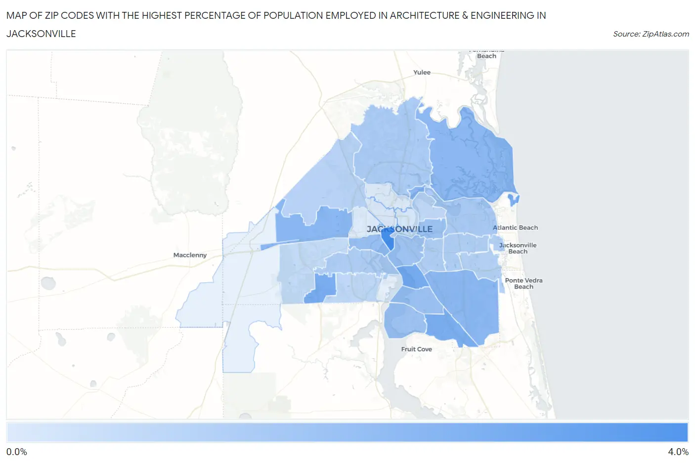 Zip Codes with the Highest Percentage of Population Employed in Architecture & Engineering in Jacksonville Map