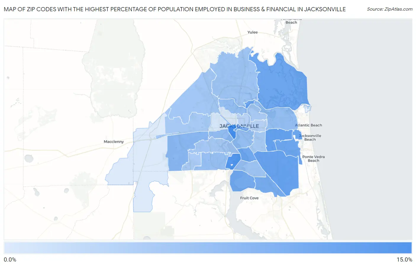 Zip Codes with the Highest Percentage of Population Employed in Business & Financial in Jacksonville Map