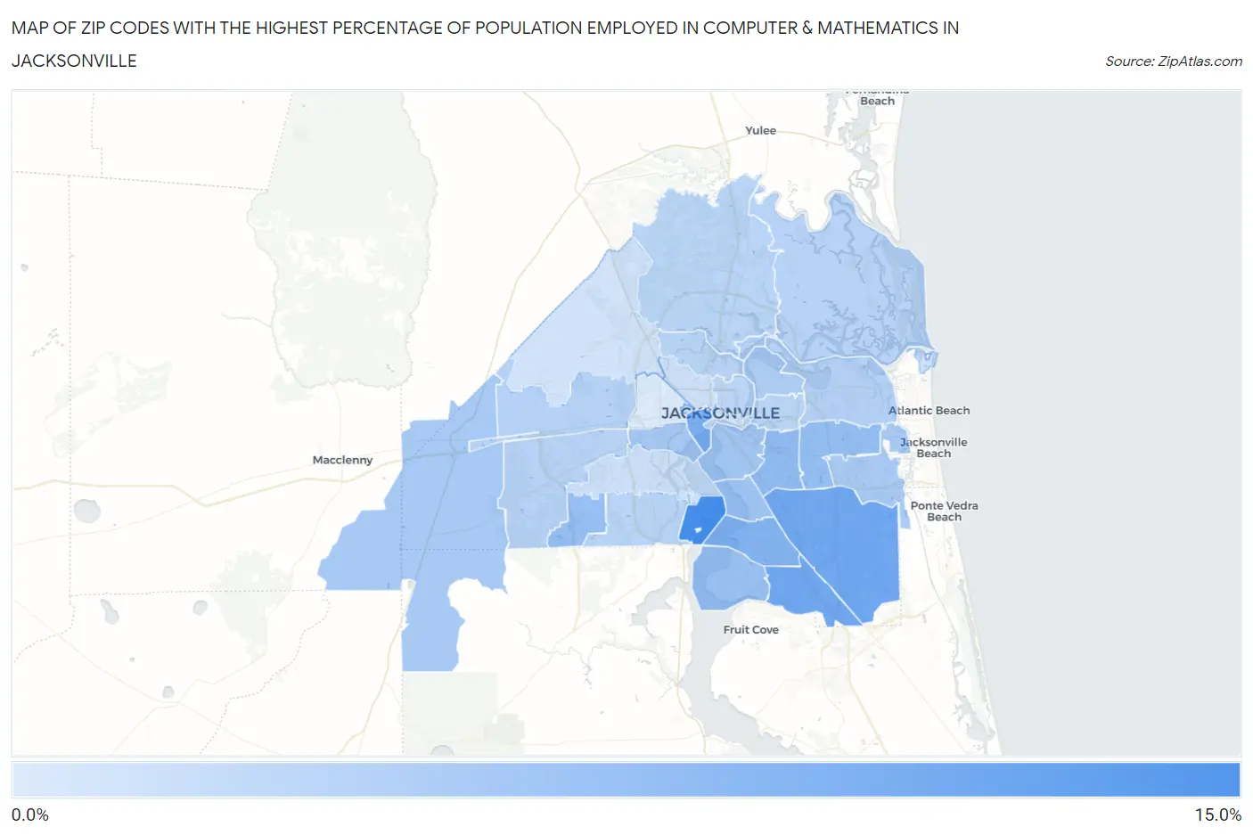 Zip Codes with the Highest Percentage of Population Employed in Computer & Mathematics in Jacksonville Map