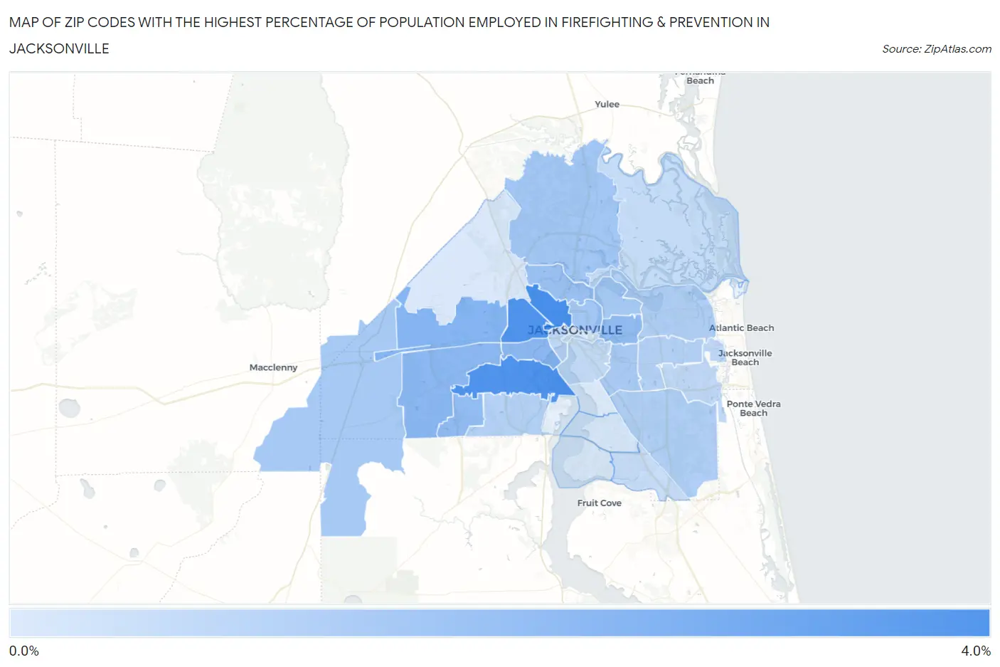 Zip Codes with the Highest Percentage of Population Employed in Firefighting & Prevention in Jacksonville Map