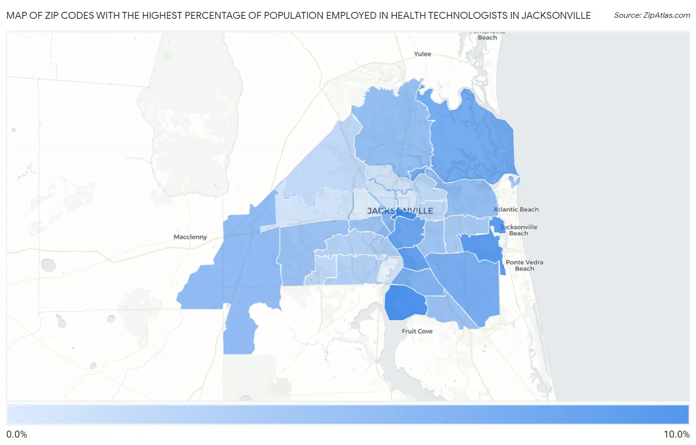 Zip Codes with the Highest Percentage of Population Employed in Health Technologists in Jacksonville Map
