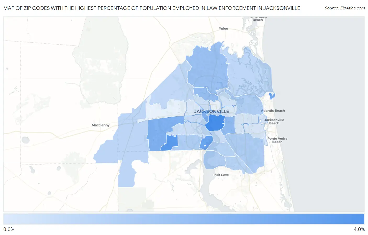 Zip Codes with the Highest Percentage of Population Employed in Law Enforcement in Jacksonville Map