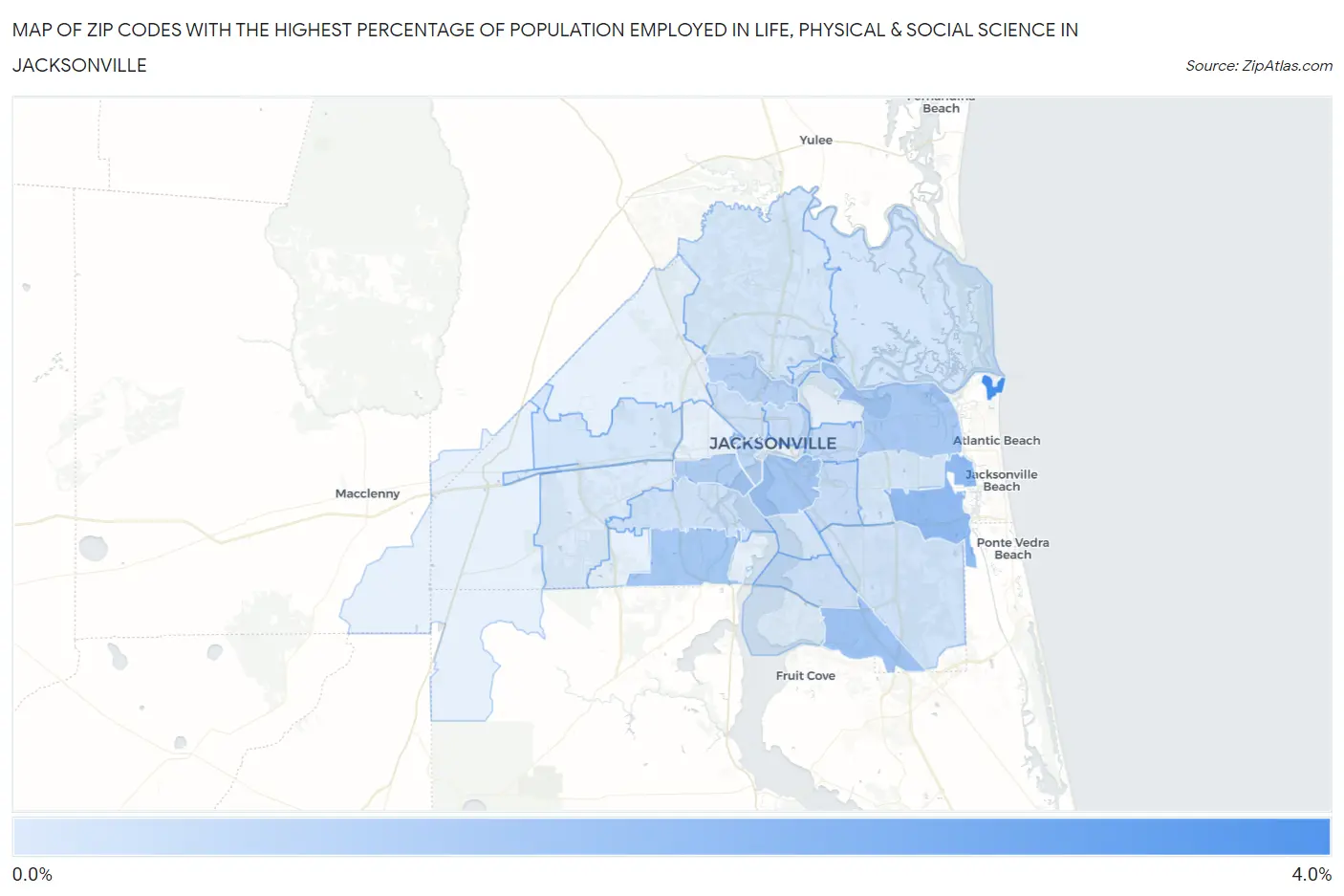 Zip Codes with the Highest Percentage of Population Employed in Life, Physical & Social Science in Jacksonville Map