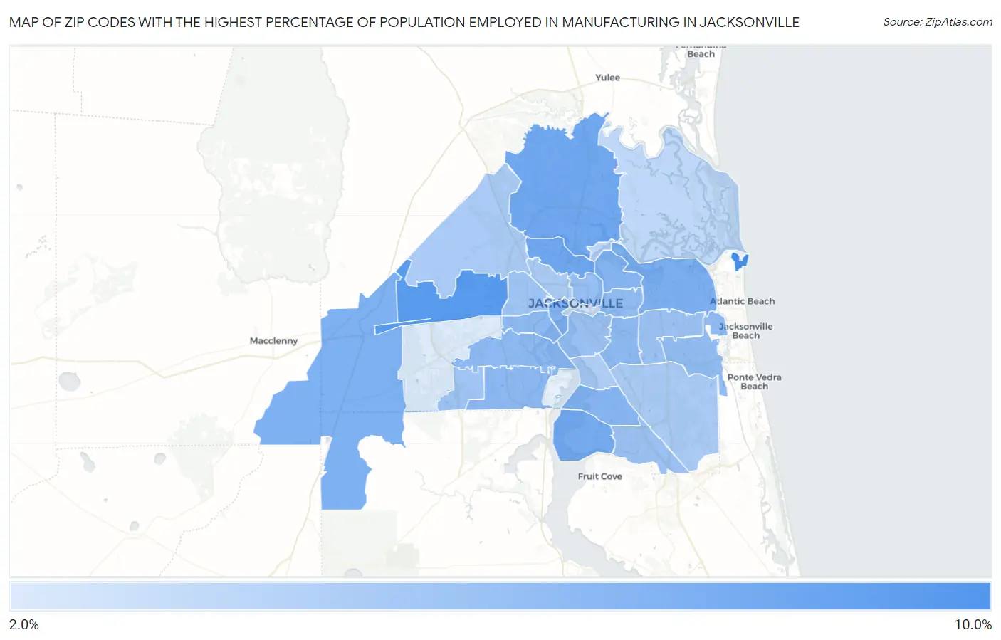 Zip Codes with the Highest Percentage of Population Employed in Manufacturing in Jacksonville Map