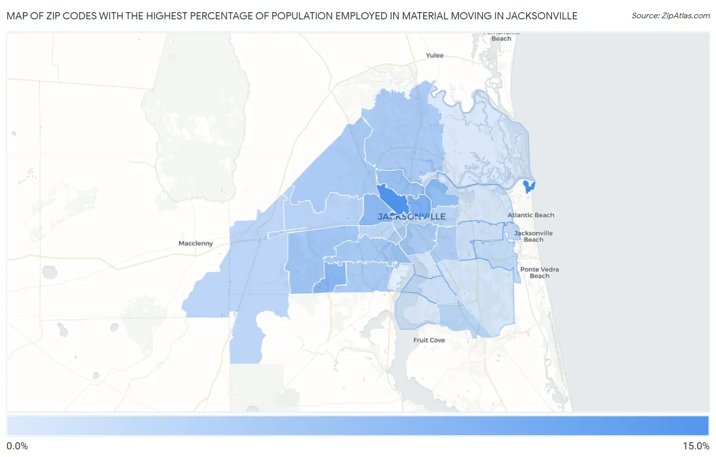 Zip Codes with the Highest Percentage of Population Employed in Material Moving in Jacksonville Map