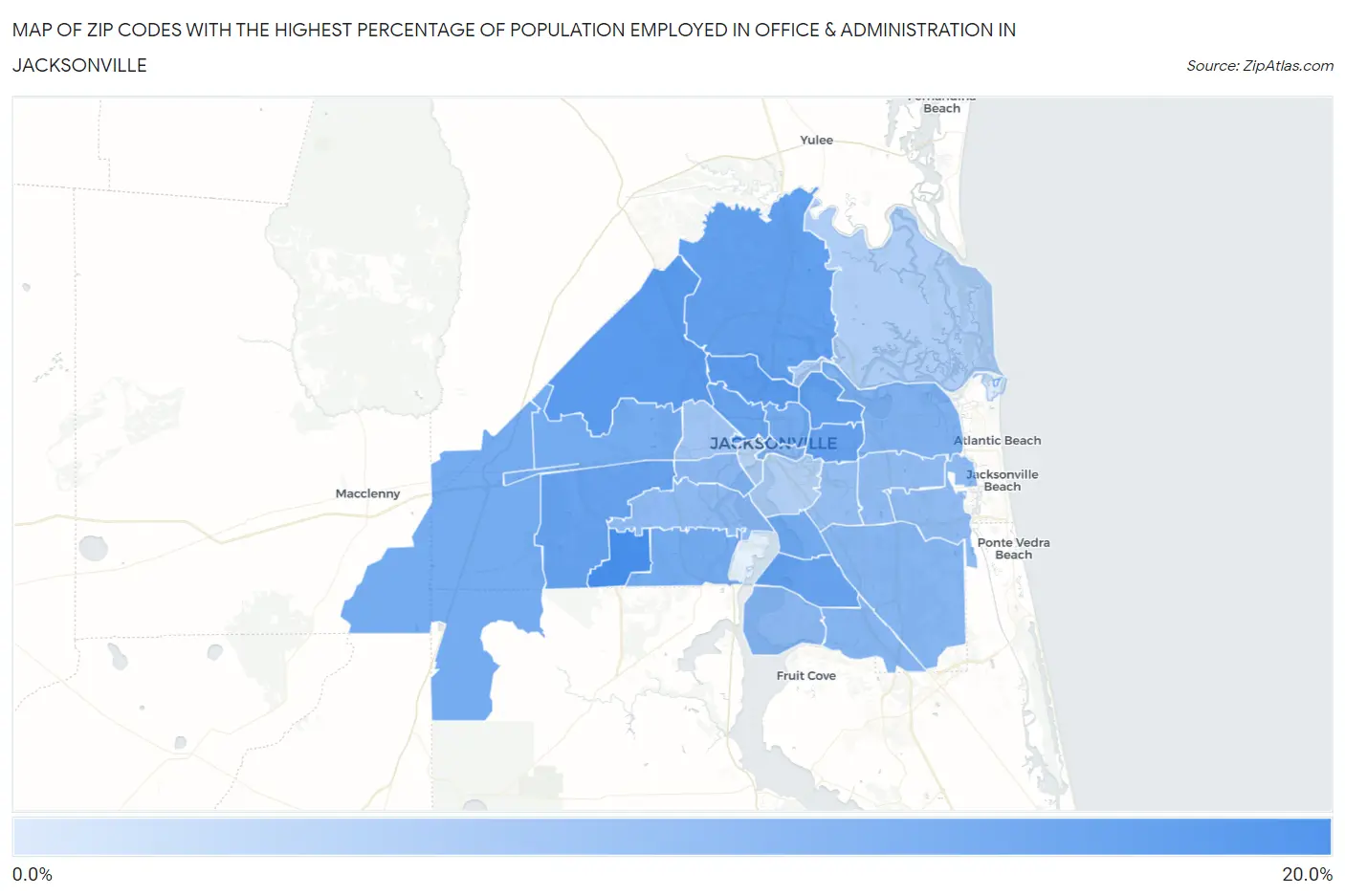 Zip Codes with the Highest Percentage of Population Employed in Office & Administration in Jacksonville Map