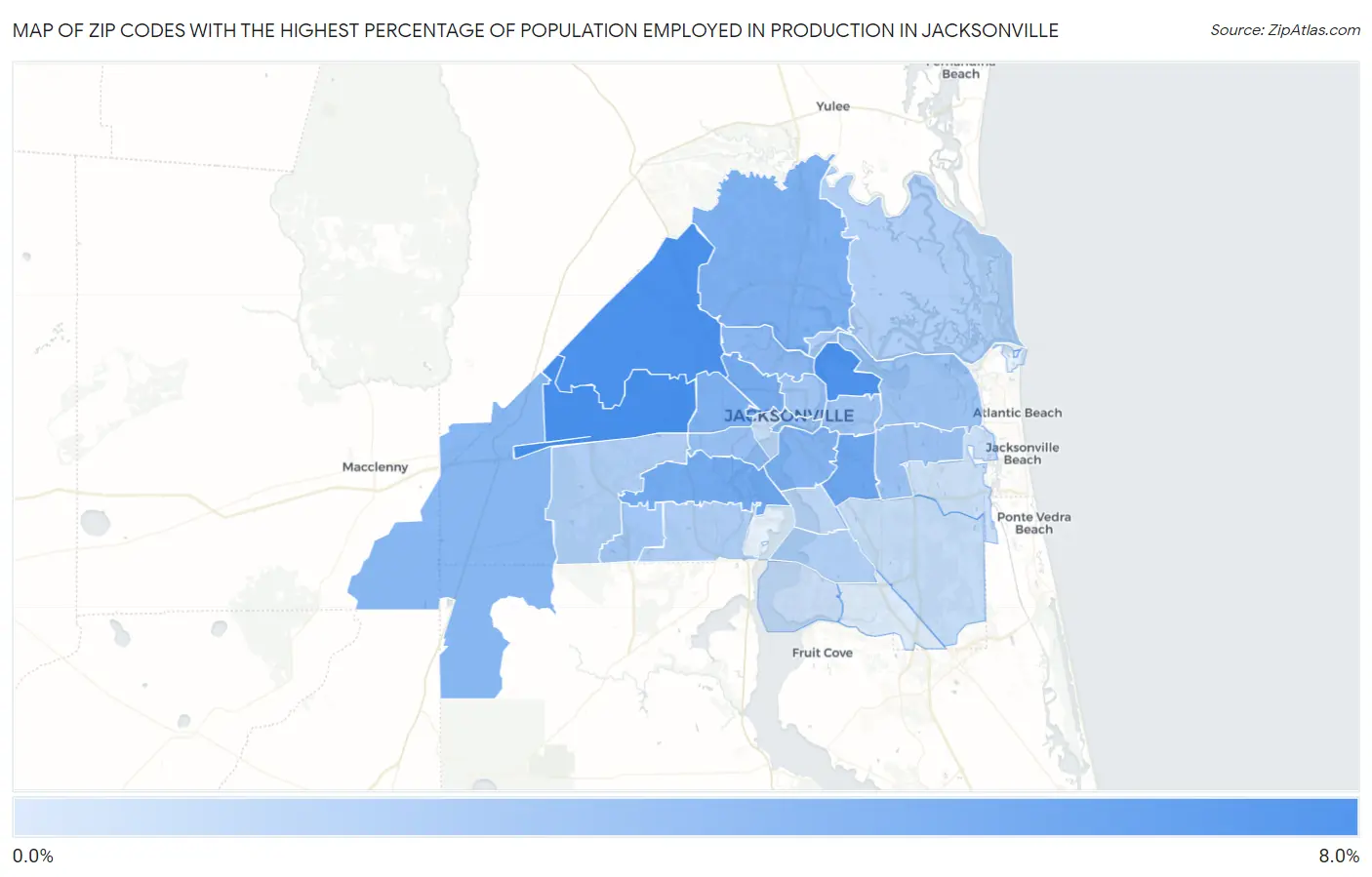 Zip Codes with the Highest Percentage of Population Employed in Production in Jacksonville Map