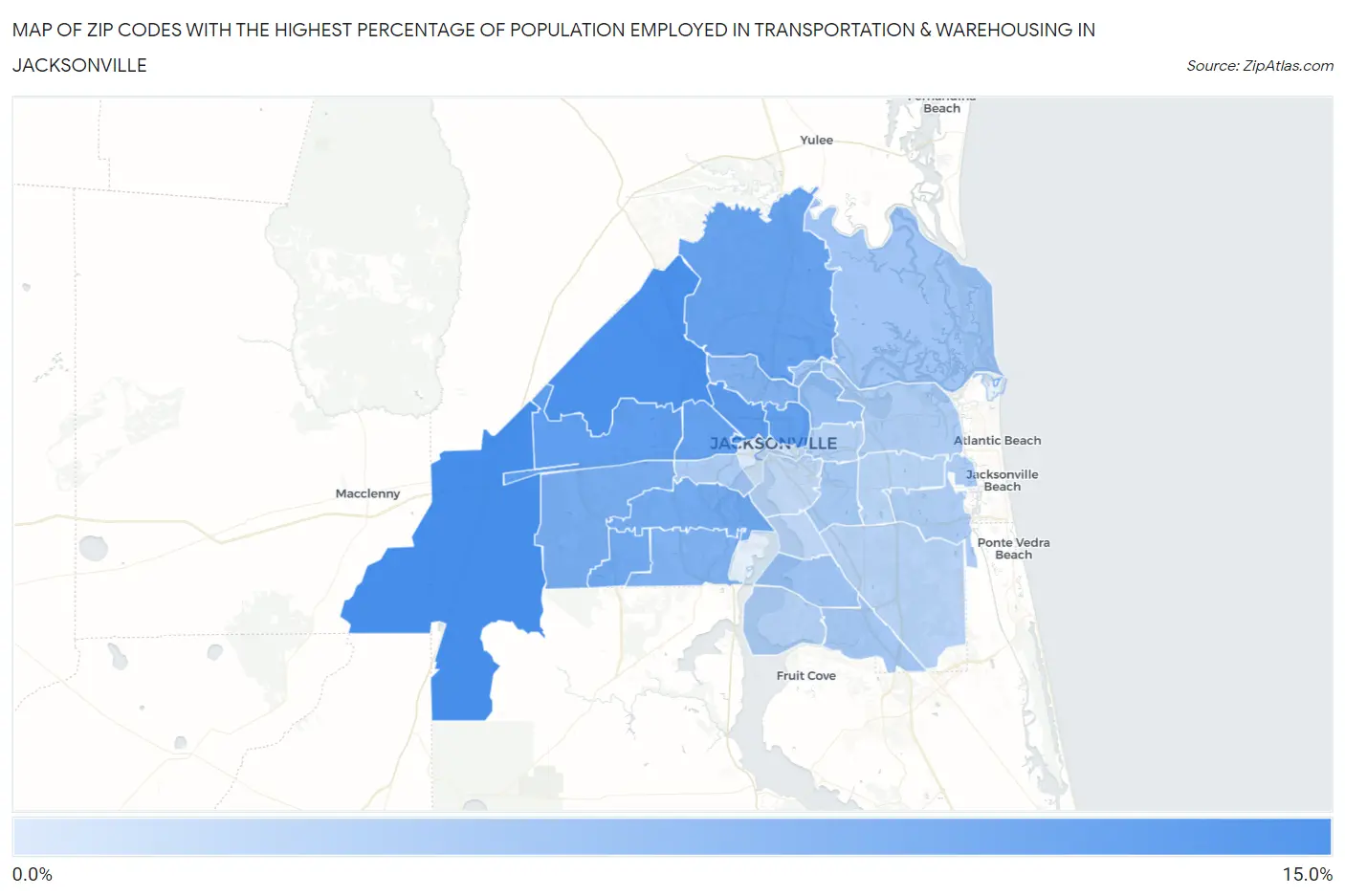 Zip Codes with the Highest Percentage of Population Employed in Transportation & Warehousing in Jacksonville Map