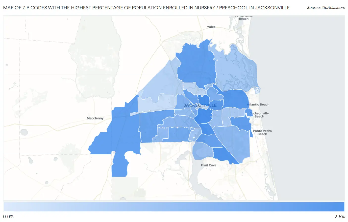 Zip Codes with the Highest Percentage of Population Enrolled in Nursery / Preschool in Jacksonville Map