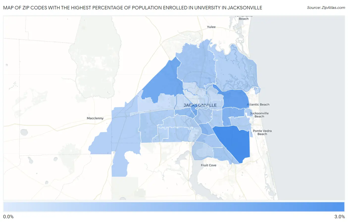 Zip Codes with the Highest Percentage of Population Enrolled in University in Jacksonville Map