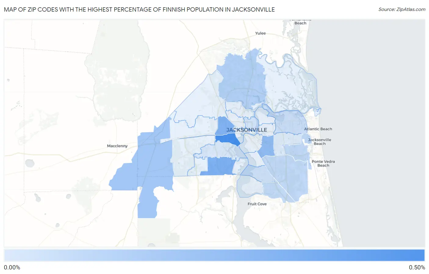 Zip Codes with the Highest Percentage of Finnish Population in Jacksonville Map