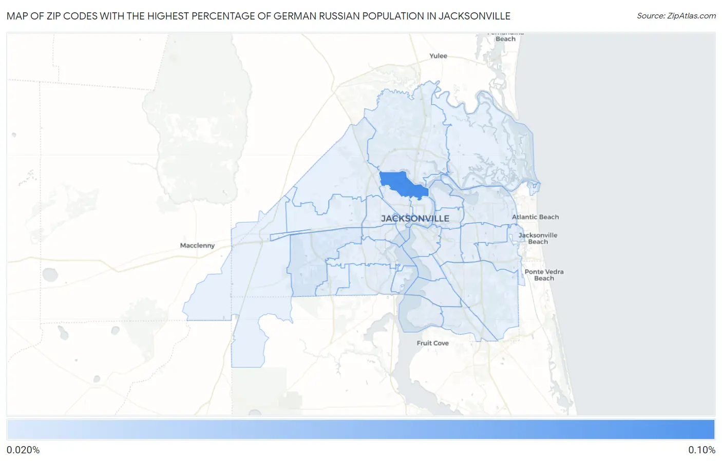 Zip Codes with the Highest Percentage of German Russian Population in Jacksonville Map