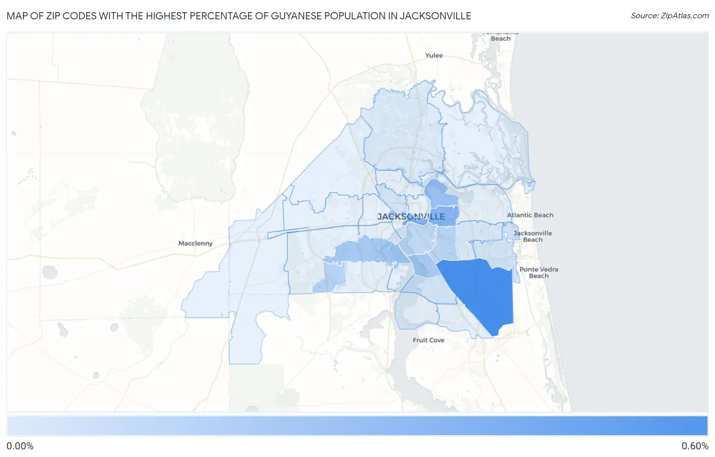 Zip Codes with the Highest Percentage of Guyanese Population in Jacksonville Map