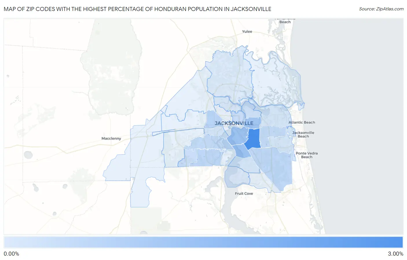 Zip Codes with the Highest Percentage of Honduran Population in Jacksonville Map
