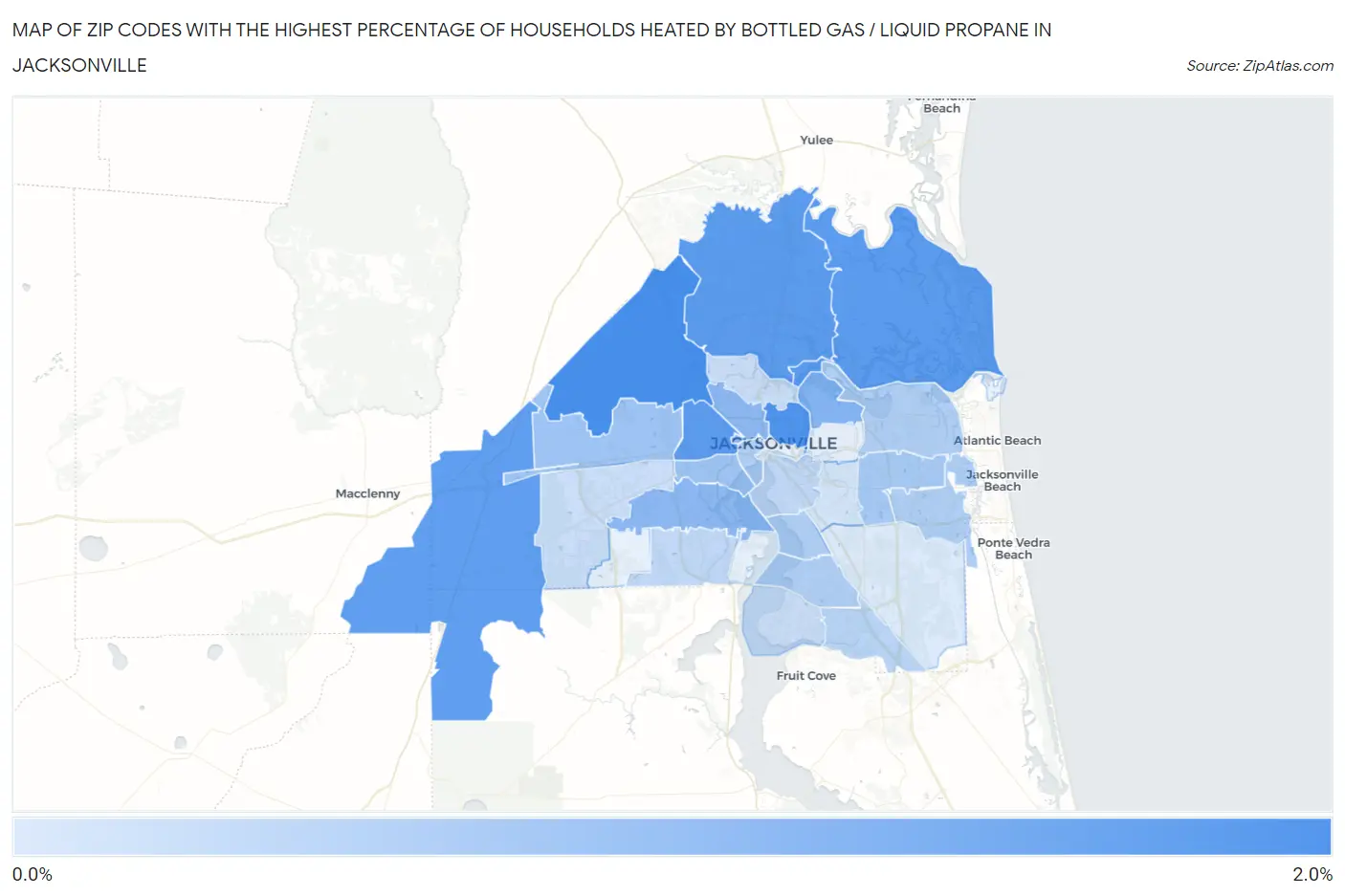 Zip Codes with the Highest Percentage of Households Heated by Bottled Gas / Liquid Propane in Jacksonville Map