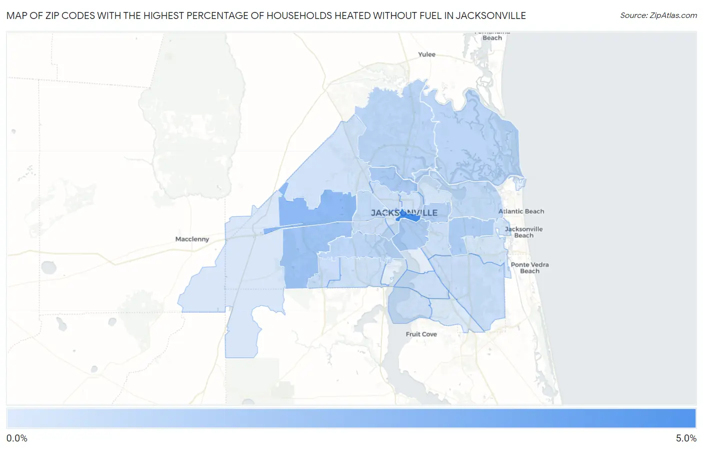 Zip Codes with the Highest Percentage of Households Heated without Fuel in Jacksonville Map