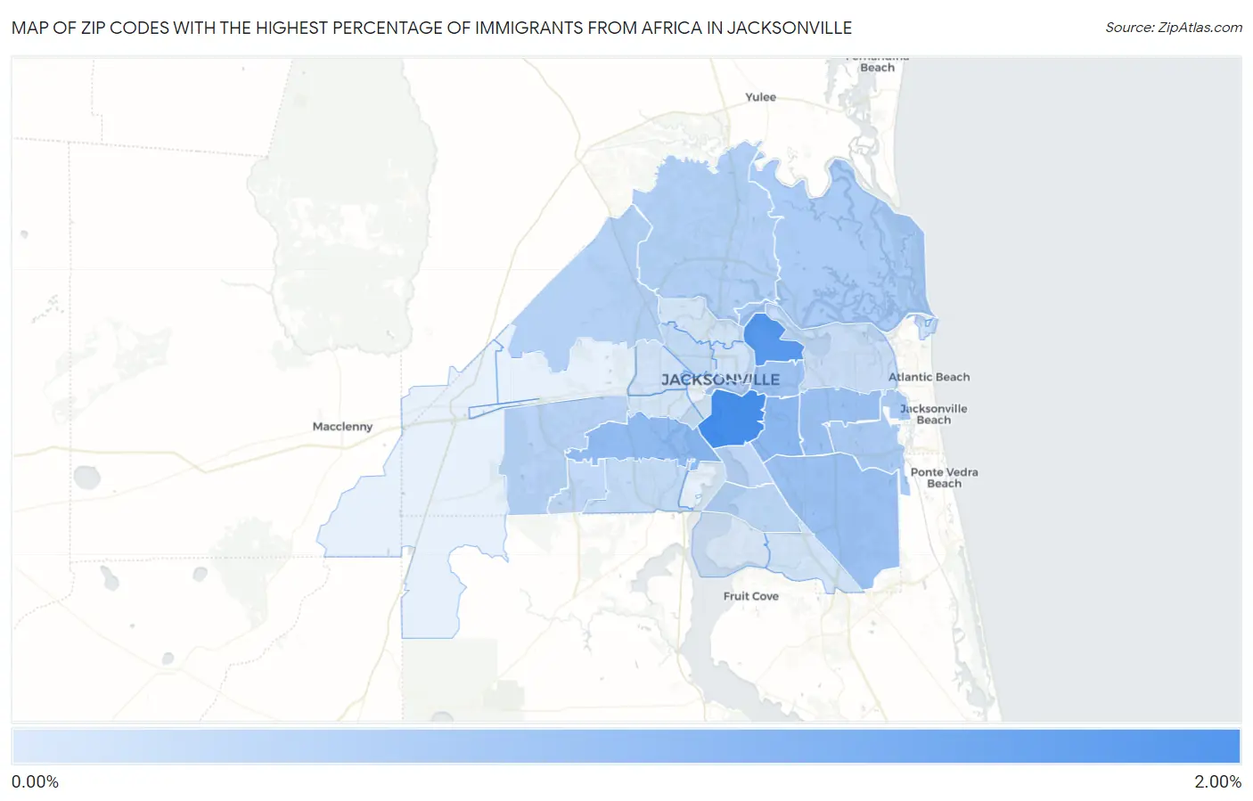 Zip Codes with the Highest Percentage of Immigrants from Africa in Jacksonville Map