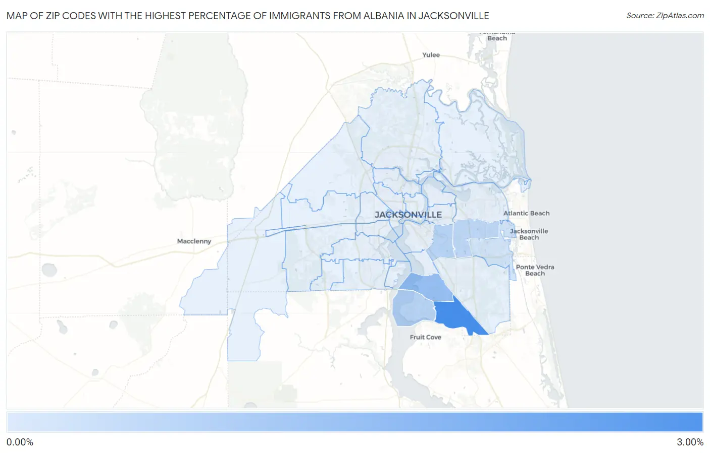 Zip Codes with the Highest Percentage of Immigrants from Albania in Jacksonville Map