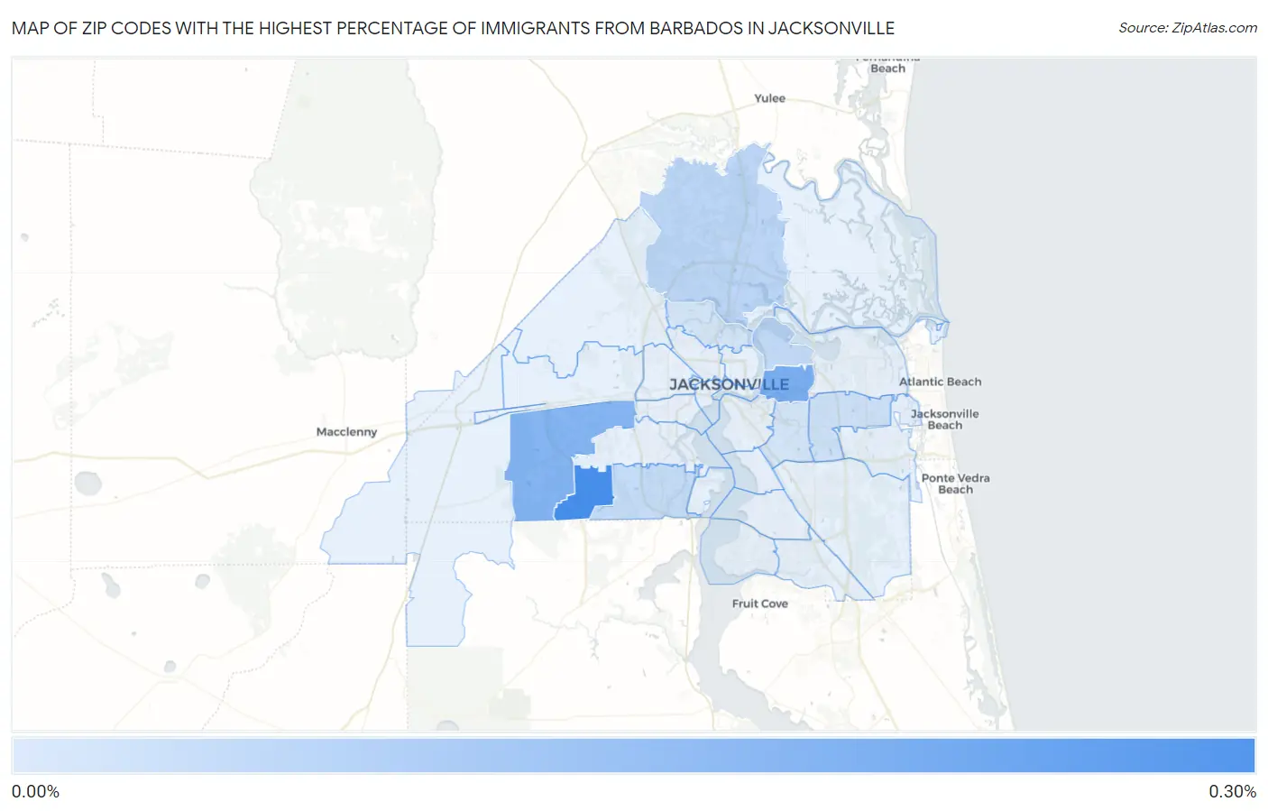Zip Codes with the Highest Percentage of Immigrants from Barbados in Jacksonville Map