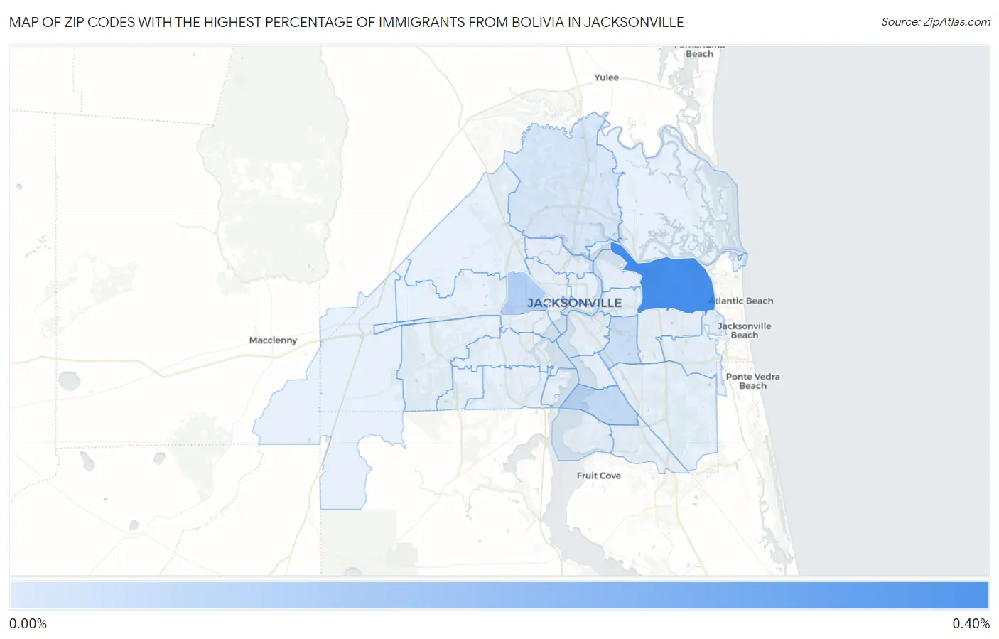 Zip Codes with the Highest Percentage of Immigrants from Bolivia in Jacksonville Map