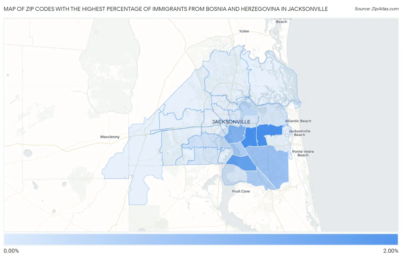 Zip Codes with the Highest Percentage of Immigrants from Bosnia and Herzegovina in Jacksonville Map