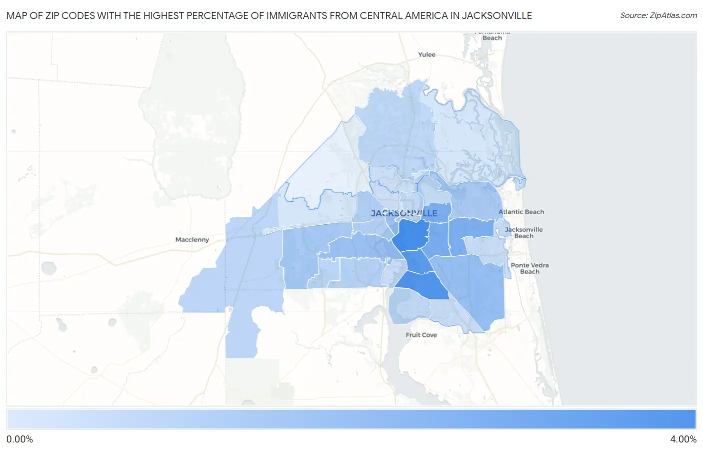 Zip Codes with the Highest Percentage of Immigrants from Central America in Jacksonville Map