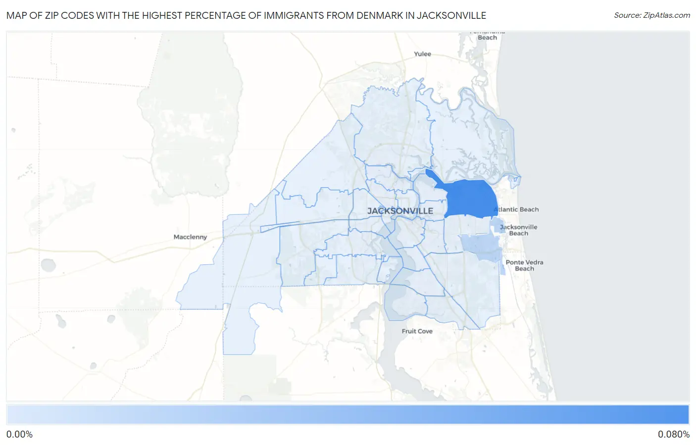 Zip Codes with the Highest Percentage of Immigrants from Denmark in Jacksonville Map