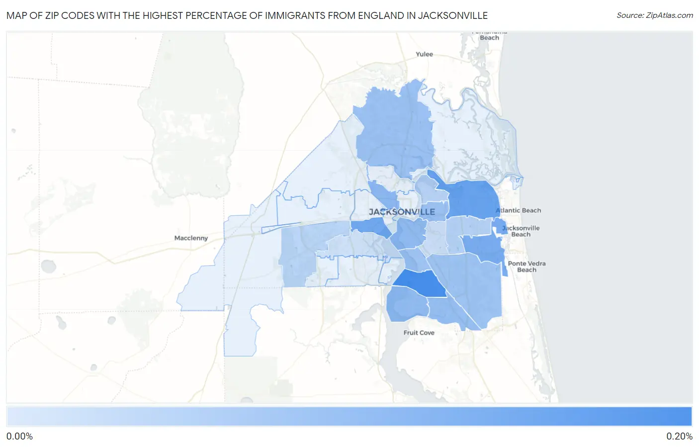 Zip Codes with the Highest Percentage of Immigrants from England in Jacksonville Map