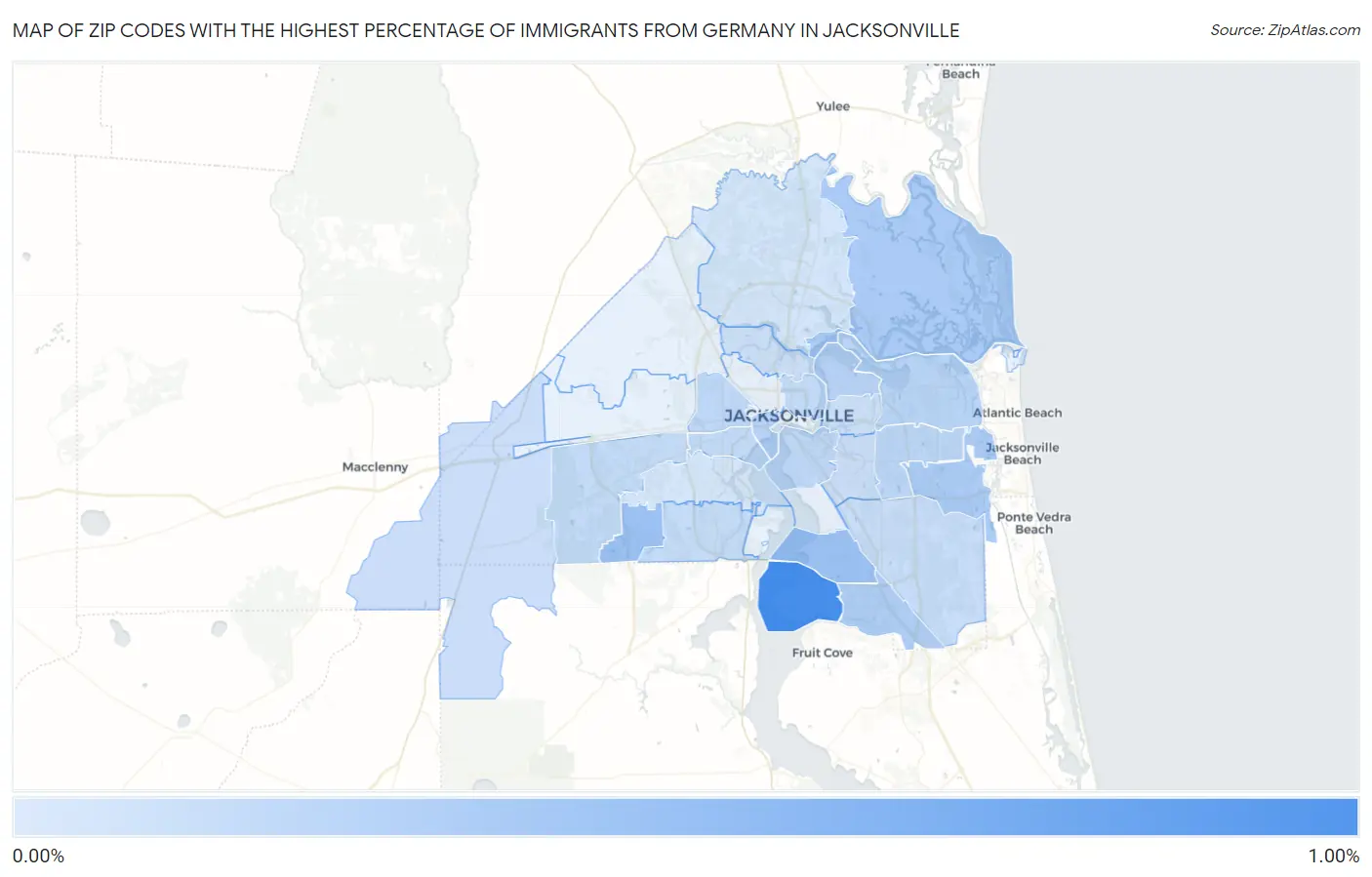 Zip Codes with the Highest Percentage of Immigrants from Germany in Jacksonville Map
