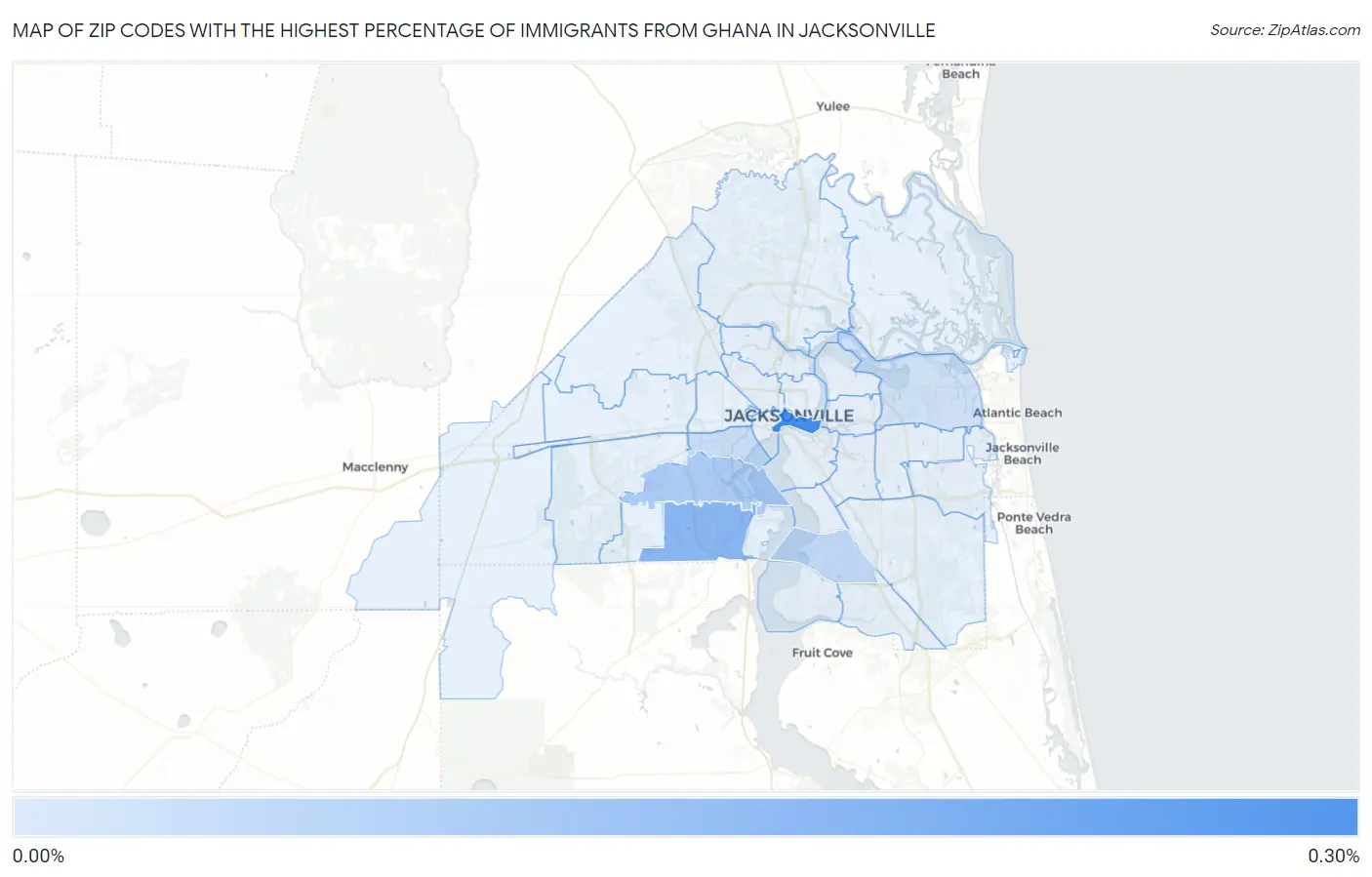 Zip Codes with the Highest Percentage of Immigrants from Ghana in Jacksonville Map