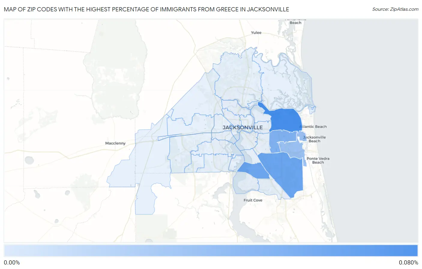 Zip Codes with the Highest Percentage of Immigrants from Greece in Jacksonville Map