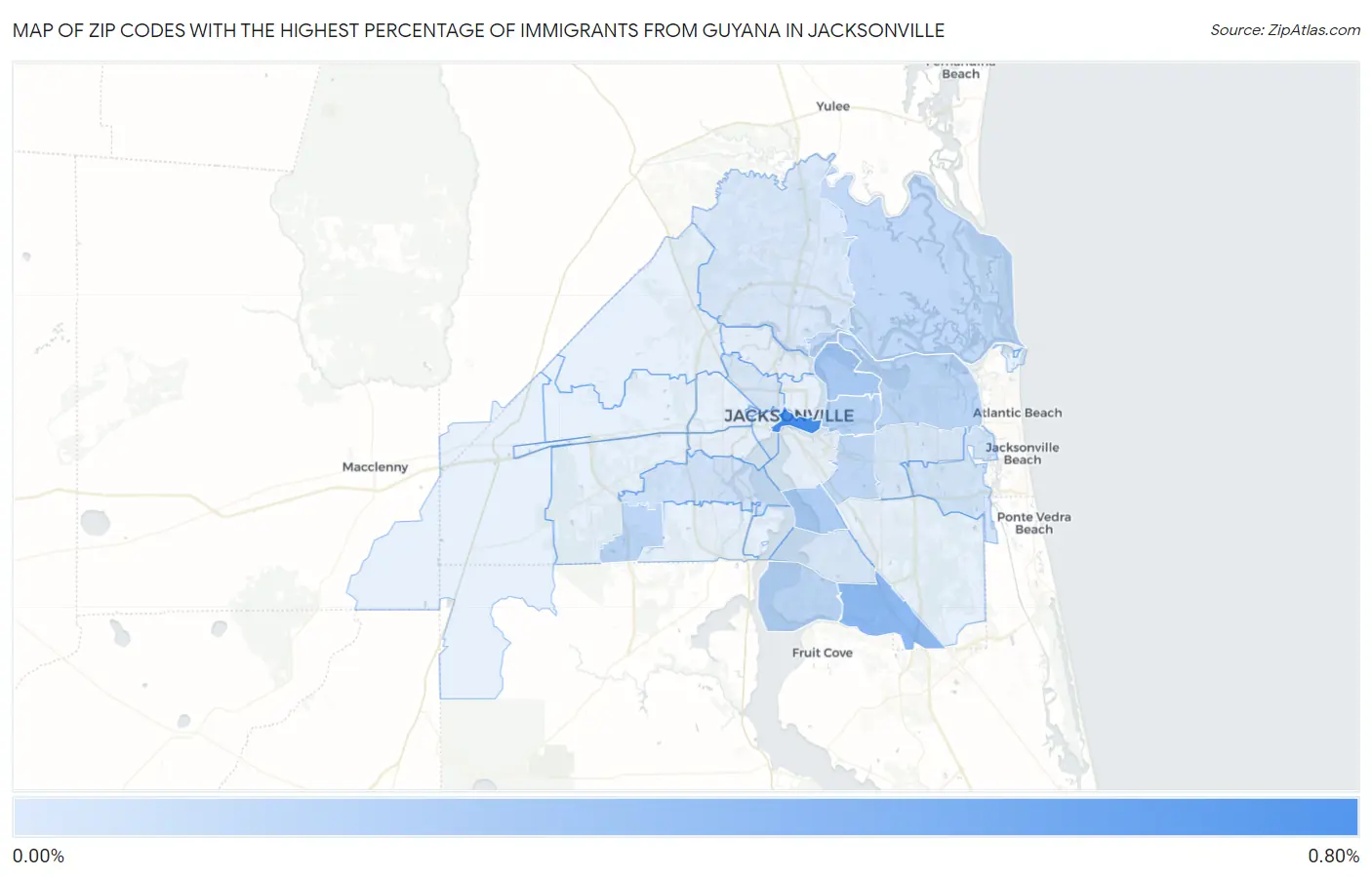 Zip Codes with the Highest Percentage of Immigrants from Guyana in Jacksonville Map