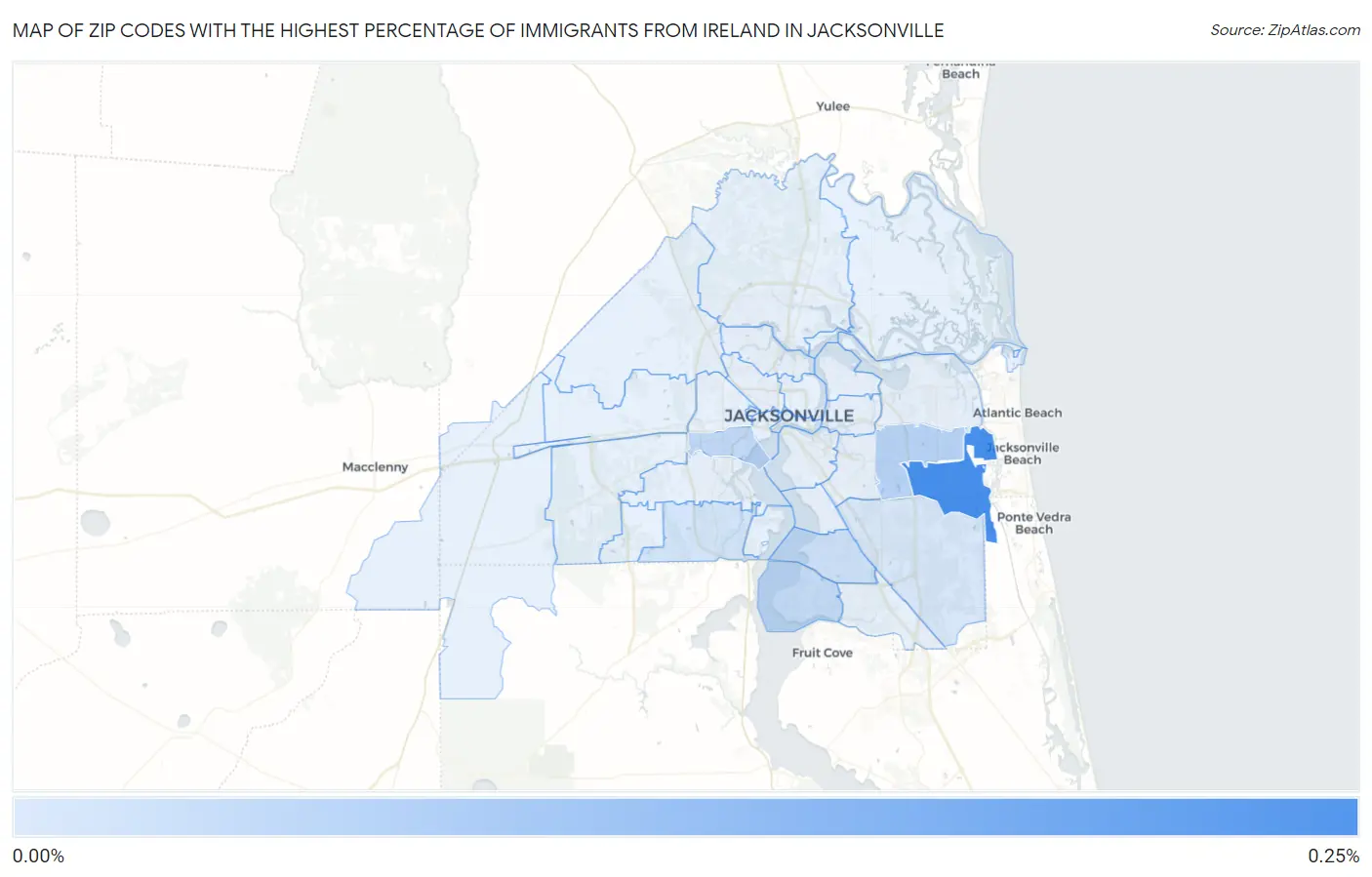 Zip Codes with the Highest Percentage of Immigrants from Ireland in Jacksonville Map