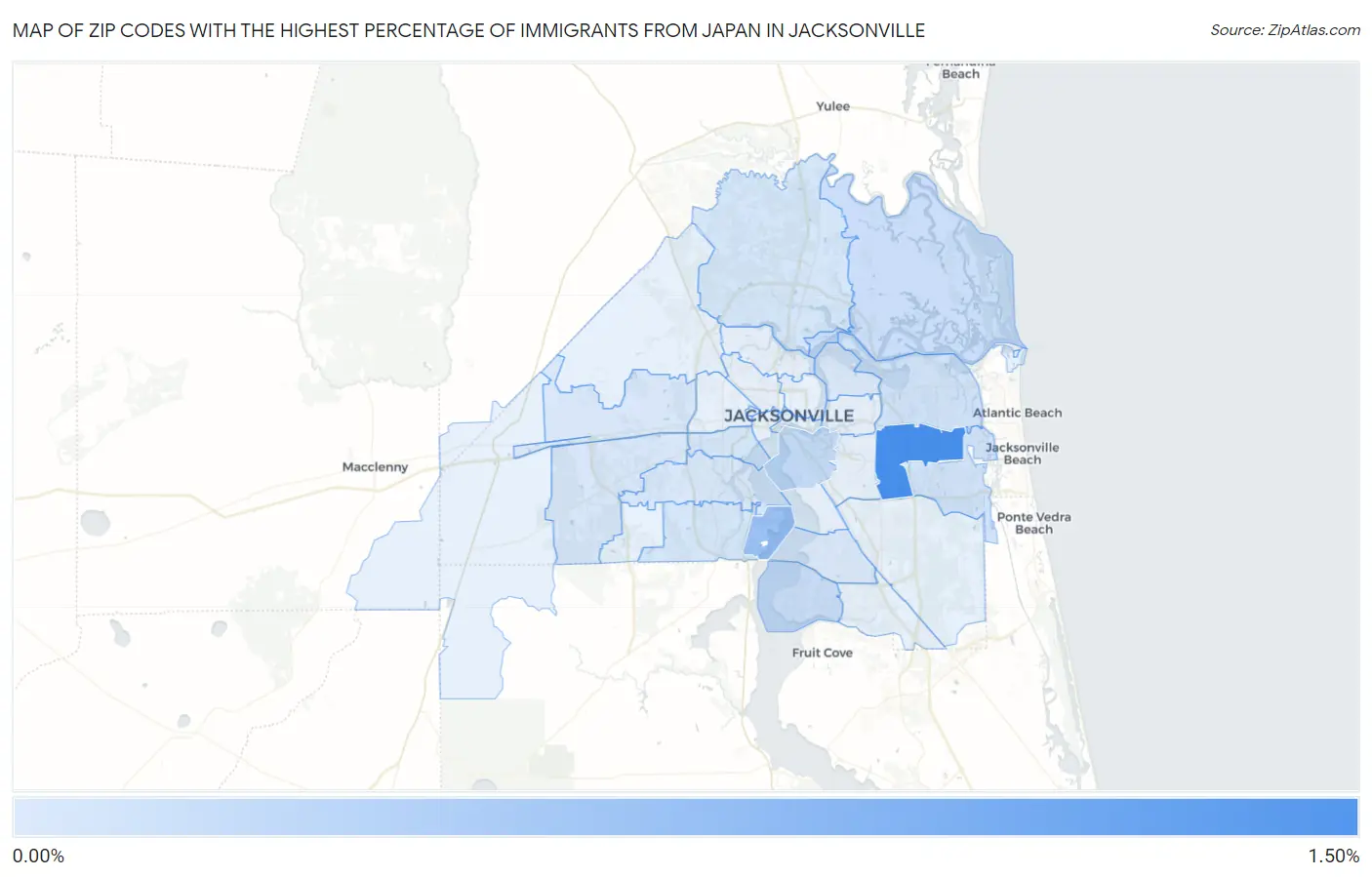 Zip Codes with the Highest Percentage of Immigrants from Japan in Jacksonville Map