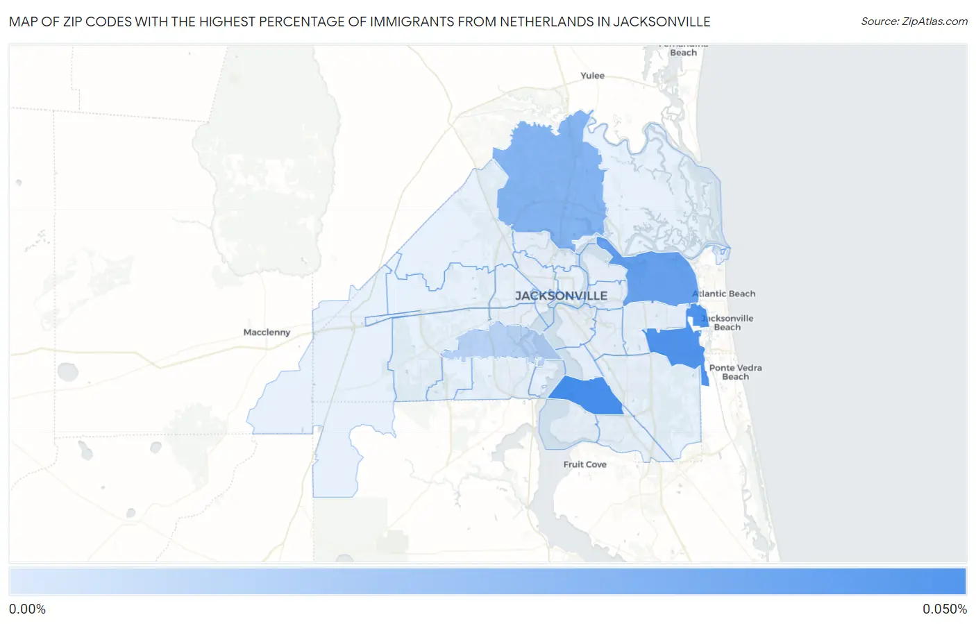 Zip Codes with the Highest Percentage of Immigrants from Netherlands in Jacksonville Map