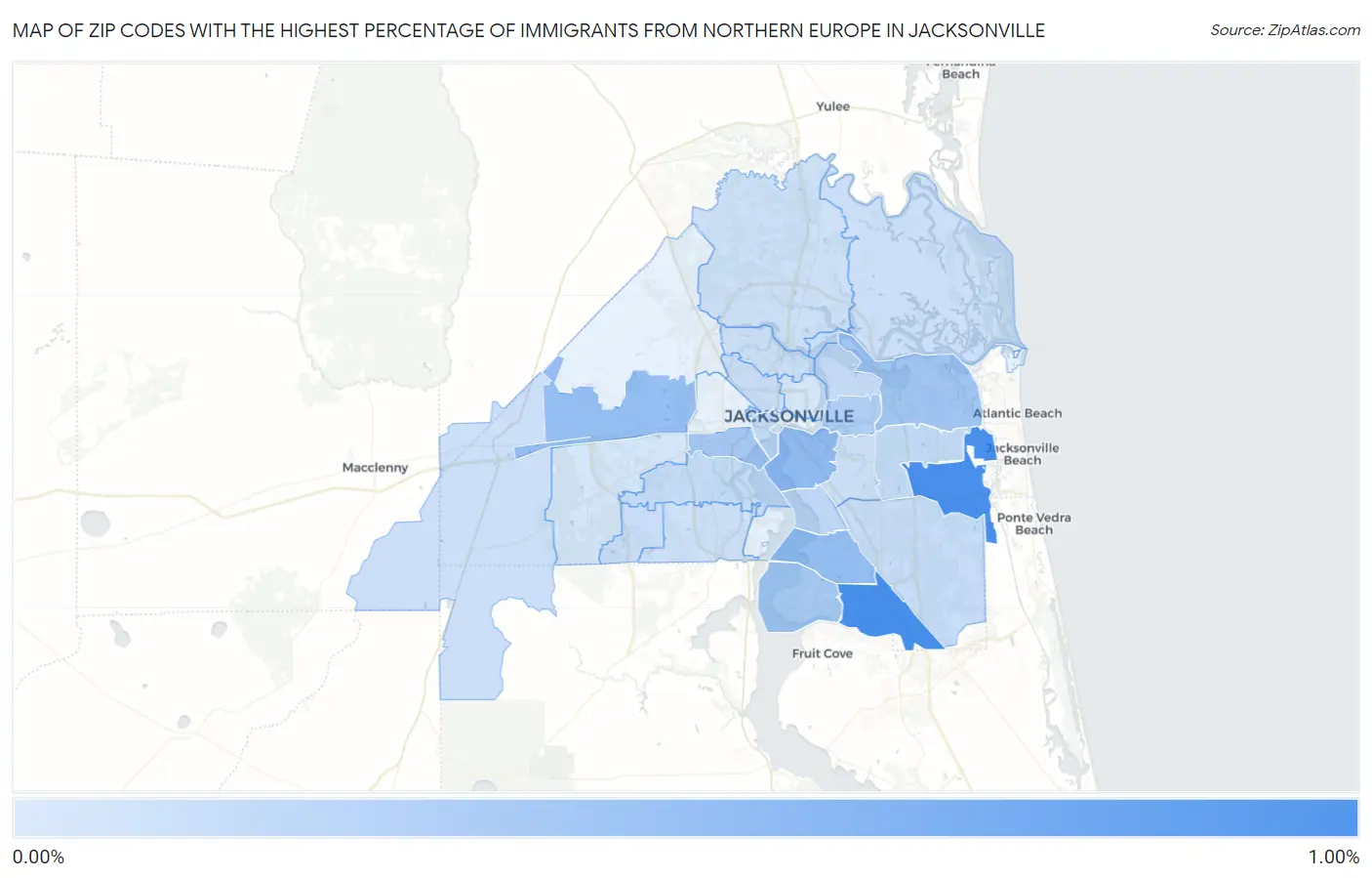 Zip Codes with the Highest Percentage of Immigrants from Northern Europe in Jacksonville Map