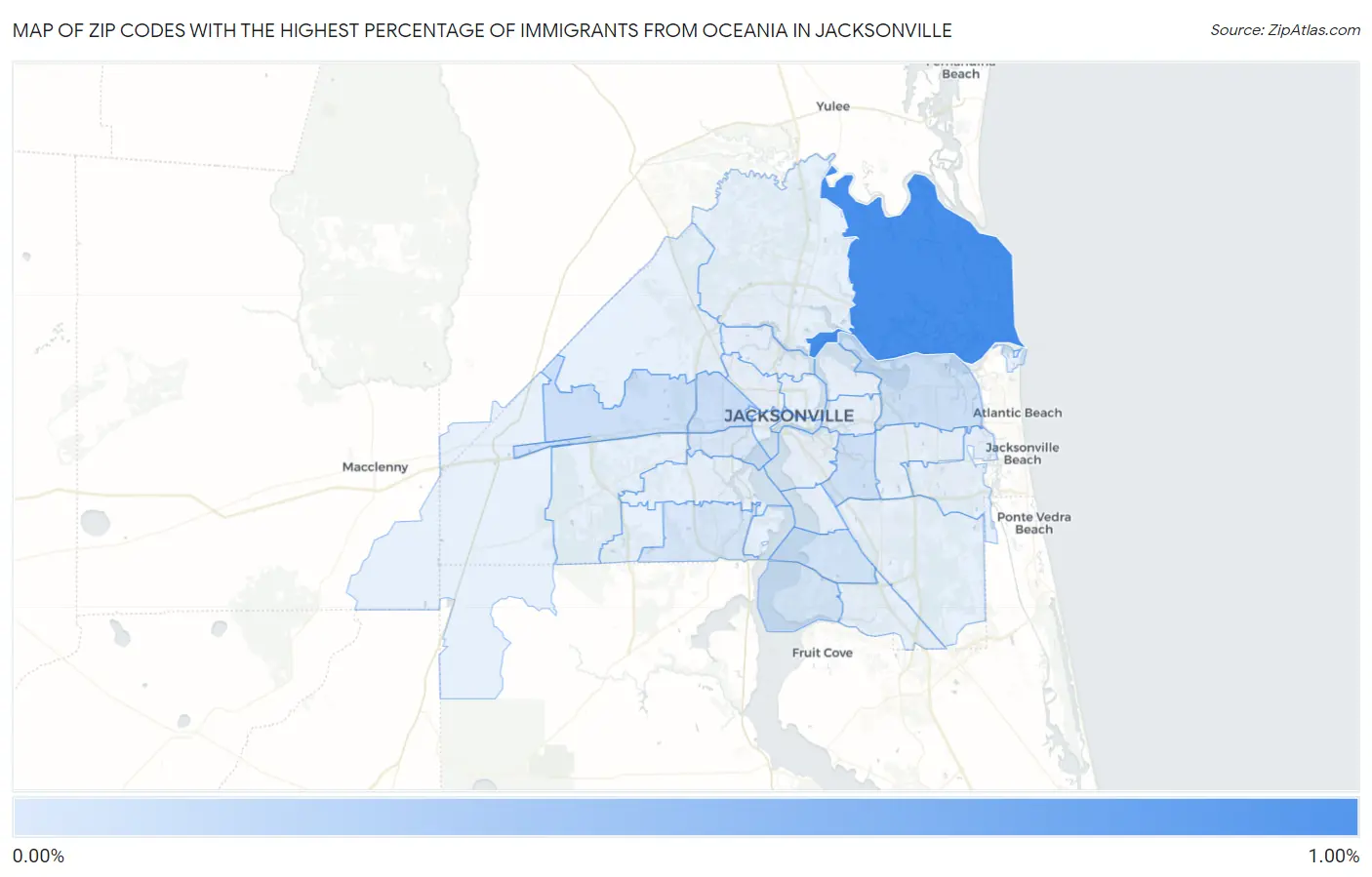 Zip Codes with the Highest Percentage of Immigrants from Oceania in Jacksonville Map