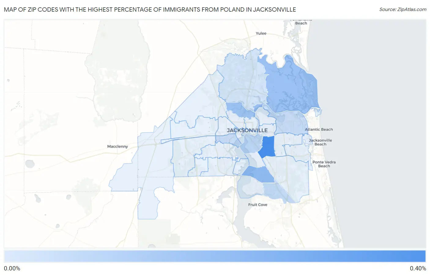 Zip Codes with the Highest Percentage of Immigrants from Poland in Jacksonville Map