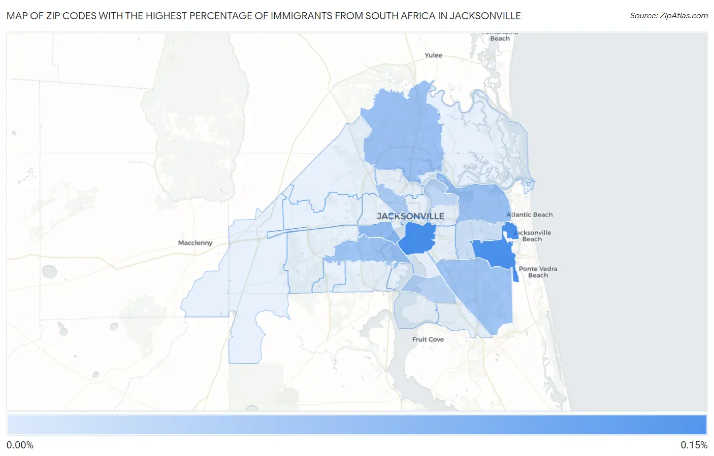 Zip Codes with the Highest Percentage of Immigrants from South Africa in Jacksonville Map