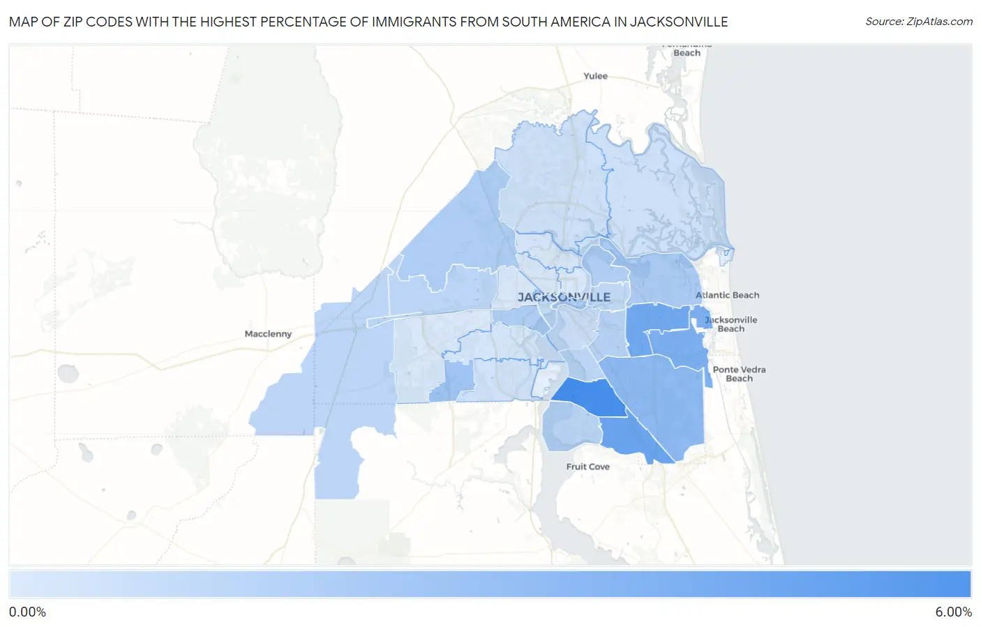Zip Codes with the Highest Percentage of Immigrants from South America in Jacksonville Map