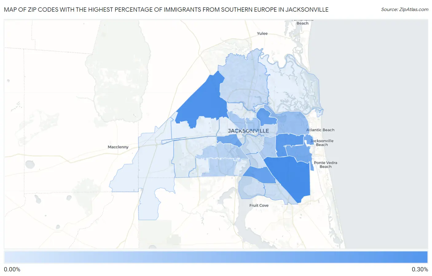 Zip Codes with the Highest Percentage of Immigrants from Southern Europe in Jacksonville Map
